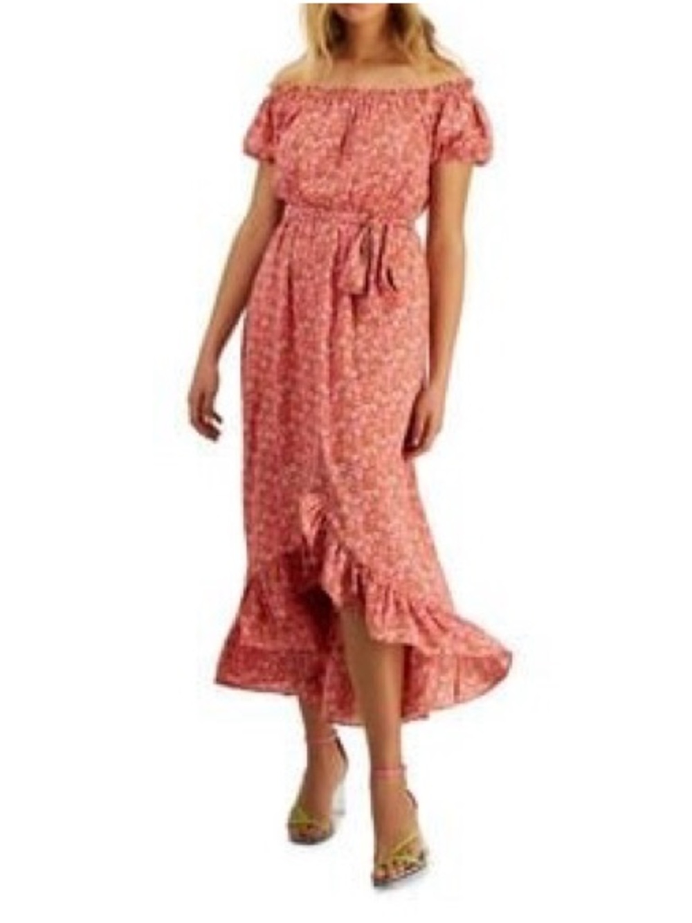Bar III Bright Orange Floral Trim Off-Shoulder Dress Size S